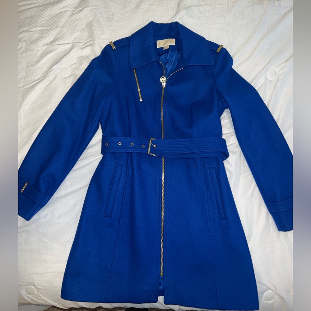 MICHAEL Michael Kors Royal Blue Wool Trench Coat with Belt